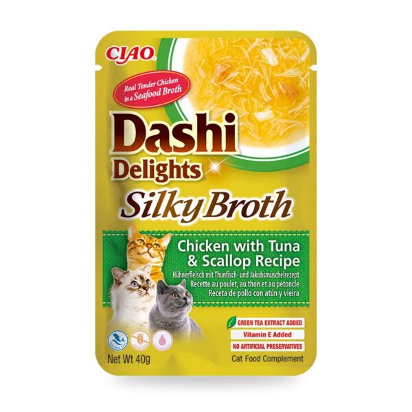 Churu Dashi Delights Silky Broth Pollo Con Atún Y Vieira Para Gatos 12×40 g - unidad