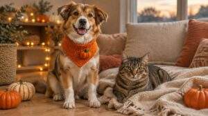 Disfraces de Halloween para perros y gatos: perro con pañuelo naranja de calabaza y gato tumbado en casa