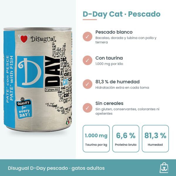 Infografía con el pescado blanco, la taurina y la ración diaria del paté D-Day para gatos