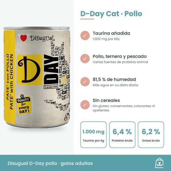 Infografía con la composición, la taurina y la tabla de ración del paté D-Day para gatos