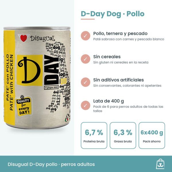 Infografía con ingredientes, analíticos y ración diaria del paté D-Day para perros