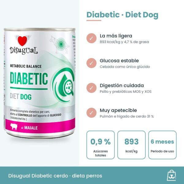 Infografía del paté Diabetic de cerdo: 893 kcal/kg, 0,9 % de azúcares, cebada, psilio y aceite de coco