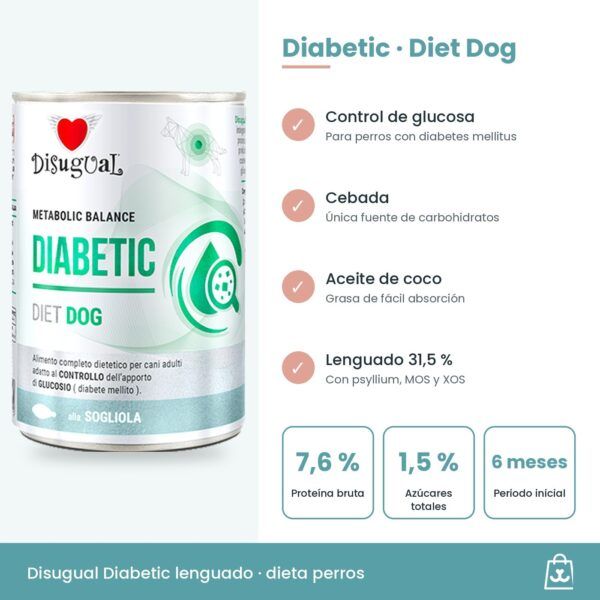 Infografía Disugual Latas Diabetic de Lenguado para Perros: beneficios y datos clave