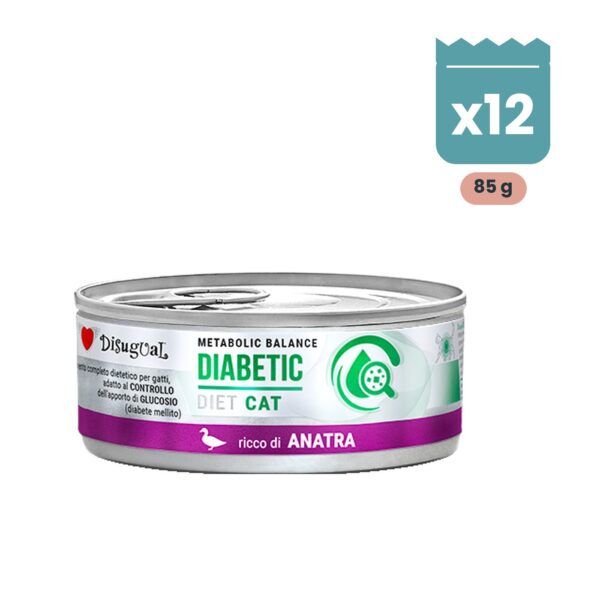 Lata de Disugual Diabetic de pato para gatos con diabetes, pack de 12 latas de 85 g en paté