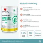 Infografía del paté Diabetic: cebada como único glúcido, 1 % de azúcares, aceite de coco y L-carnitina