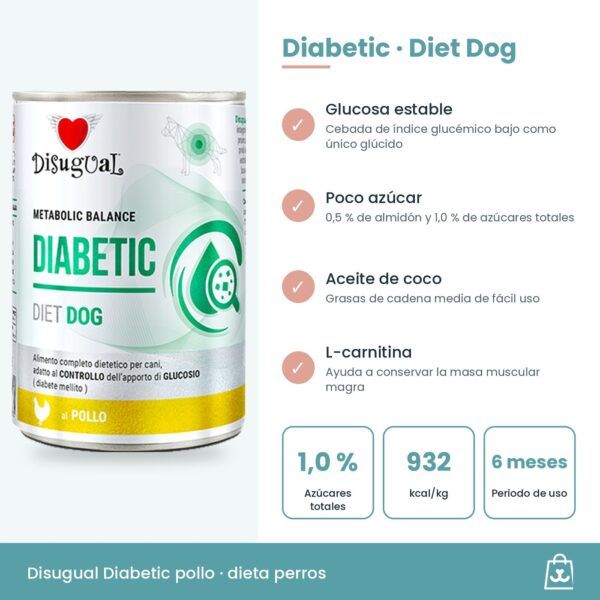 Infografía del paté Diabetic: cebada como único glúcido, 1 % de azúcares, aceite de coco y L-carnitina