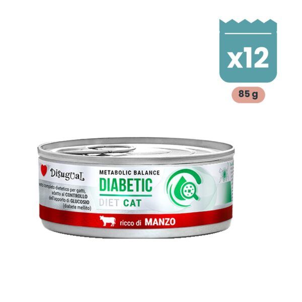 Lata de Disugual Diabetic de ternera para gatos con diabetes, pack de 12 latas de 85 g en paté