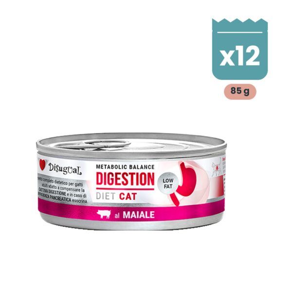 Lata de Disugual Digestion Low Fat de cerdo para gatos, pack de 12 latas de 85 g en paté