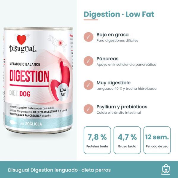 Infografía Disugual Latas Digestion Low Fat de Lenguado para Perros: beneficios y datos clave