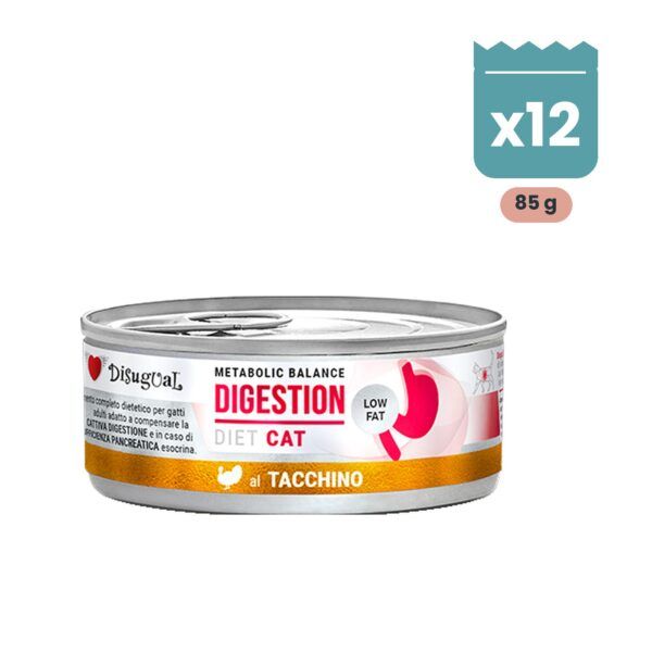 Lata de Disugual Digestion Low Fat de pavo para gatos, pack de 12 latas de 85 g en paté