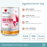 Infografía del paté Digestion Low Fat: 5 % de grasa, pavo hidrolizado, psilio y aceite de coco