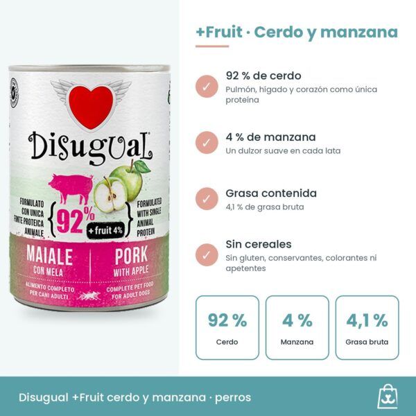 Infografía con el 92 % de cerdo, el 4 % de manzana y la ración diaria por peso