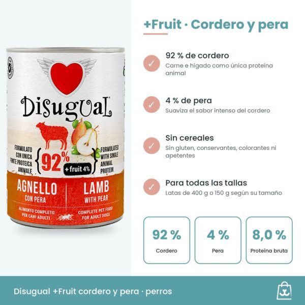 Infografía con el 92 % de cordero, el 4 % de pera y los analíticos del paté