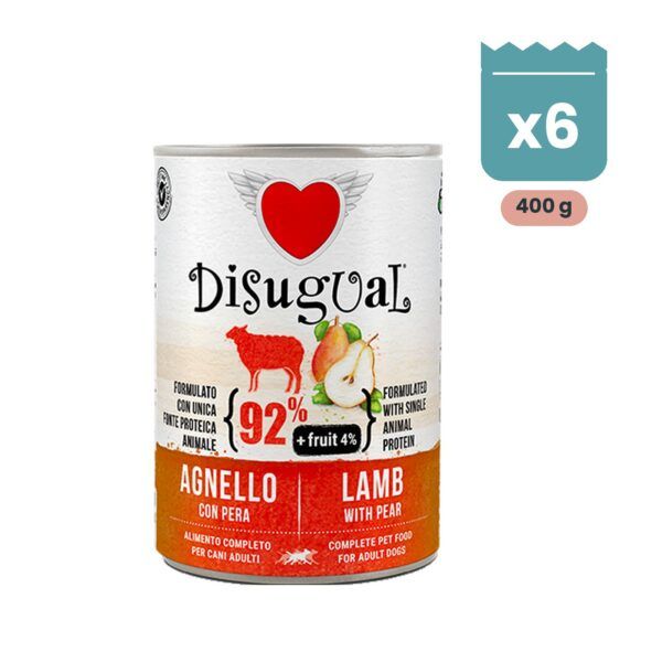 Lata de Disugual Fruit cordero con pera, paté monoproteico para perros adultos
