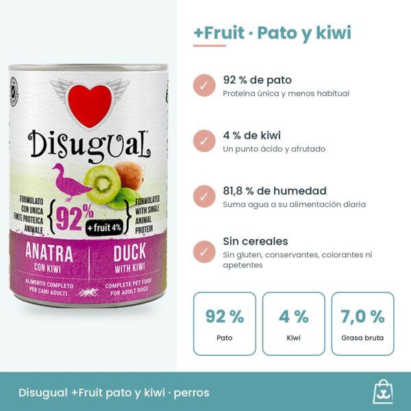 Infografía con el 92 % de pato, el 4 % de kiwi y los datos analíticos oficiales