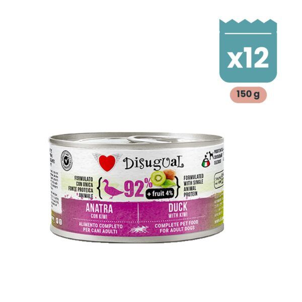 Lata de Disugual Fruit pato con kiwi, paté monoproteico sin cereales para perros adultos