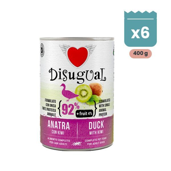Lata de Disugual Fruit pato con kiwi, paté monoproteico sin cereales para perros adultos