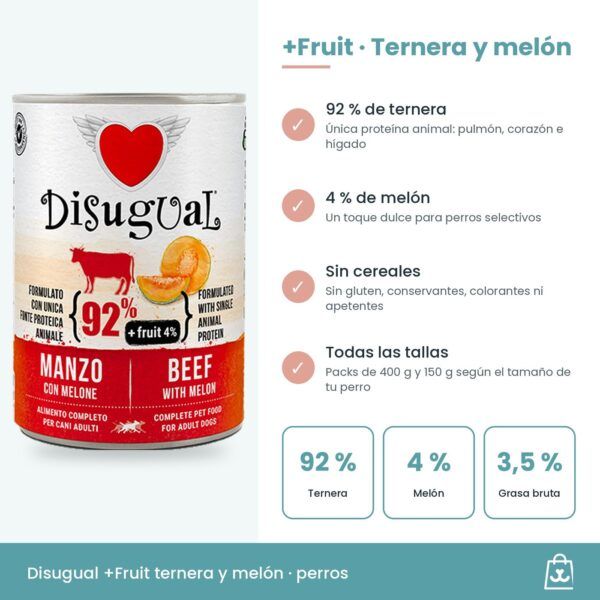 Infografía con el 92 % de ternera, el 4 % de melón y los datos analíticos del paté
