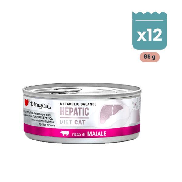 Lata de Disugual Hepatic de cerdo para gatos, pack de 12 latas de 85 g en paté