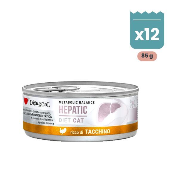 Lata de Disugual Hepatic de pavo para gatos, pack de 12 latas de 85 g en paté