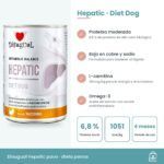 Infografía del paté Hepatic: proteína moderada, bajo cobre y sodio, L-carnitina y periodo de uso