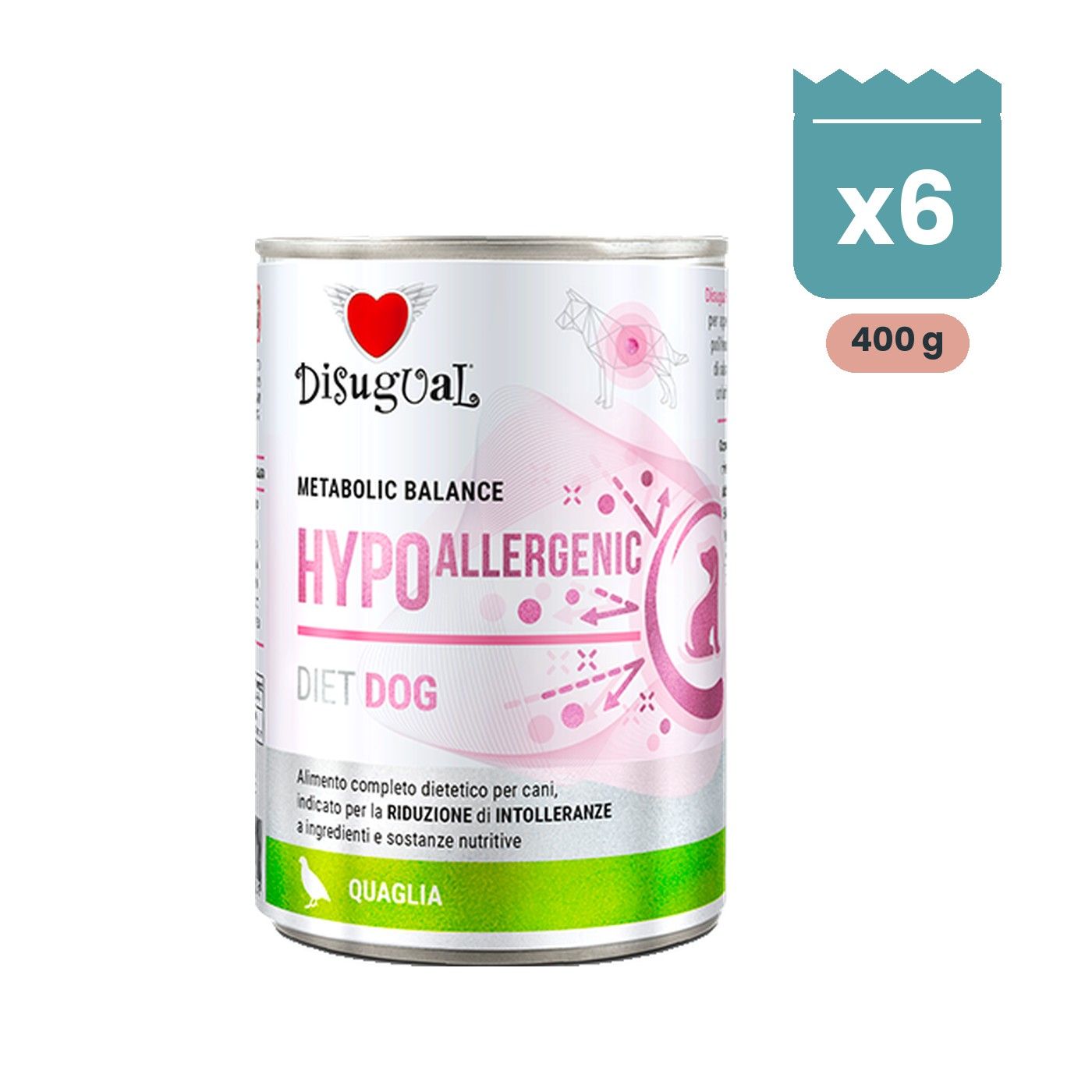 Disugual Latas Hypoallergenic de Codorniz para Perros Pack Ahorro 6x400 Gr Lata Disugual Hypoallergenic de codorniz para perros, paté dietético de 400 g de la línea Metabolic Balance