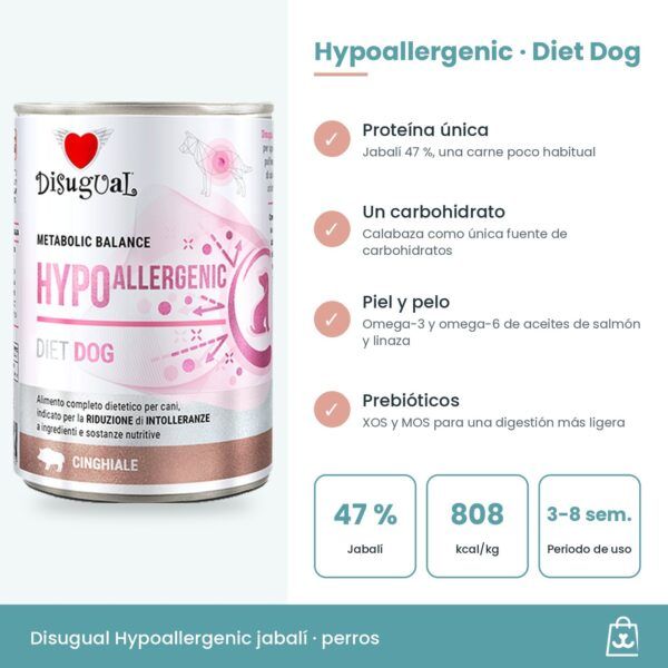 Infografía del paté: jabalí 47 % como única proteína, calabaza, omega-3 y omega-6 y periodo de uso