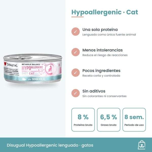 Disugual Latas Hypoallergenic de Lenguado para Gatos Pack Ahorro 12x85 g composición y beneficios