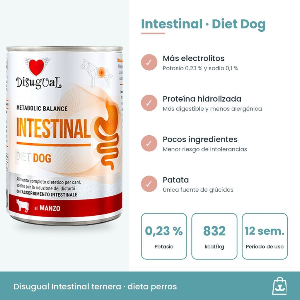 Infografía del paté Intestinal: proteína hidrolizada, pocos ingredientes, sodio y potasio y uso de 12 semanas