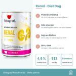 Infografía del paté Renal de cerdo: 4,6 % de proteína, fósforo 0,10 %, EPA y DHA y uso de 6 meses