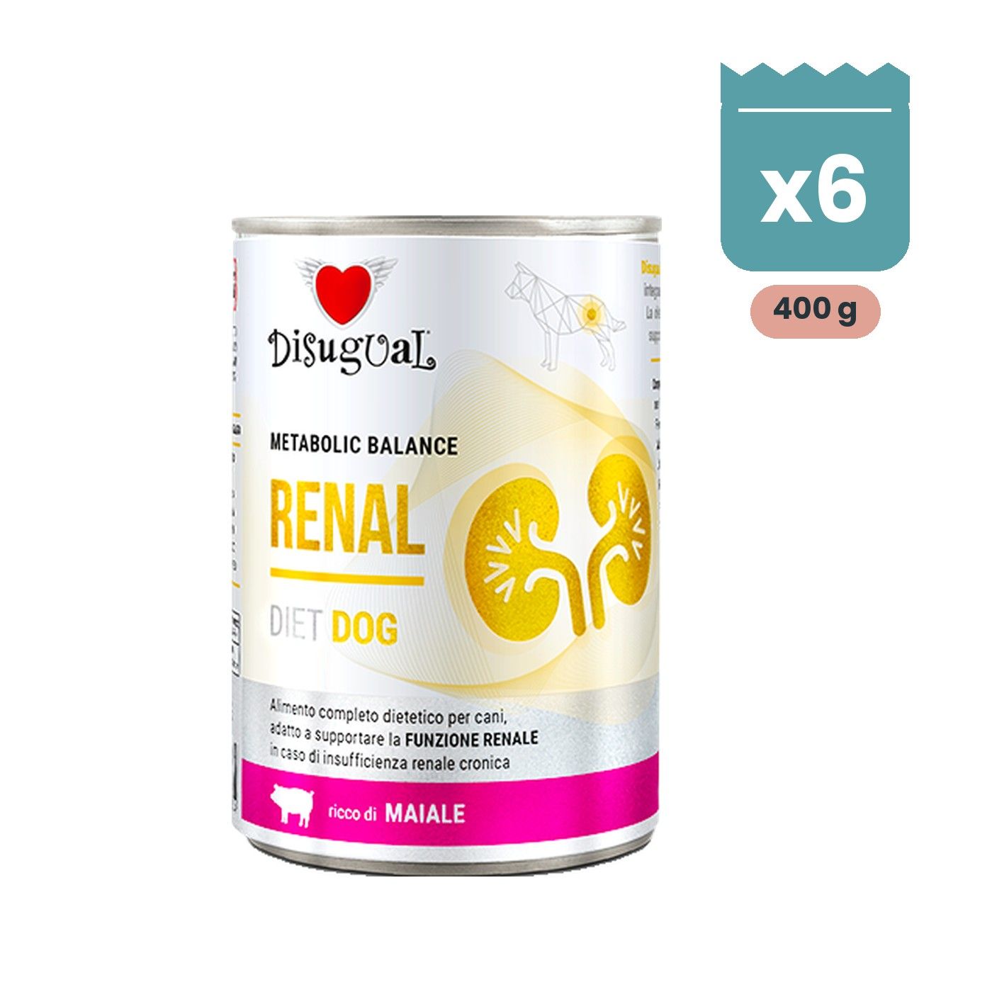 Disugual Latas Renal de Cerdo para Perros Pack Ahorro 6x400 Gr Lata Disugual Renal de cerdo para perros, paté dietético de 400 g bajo en proteína y fósforo