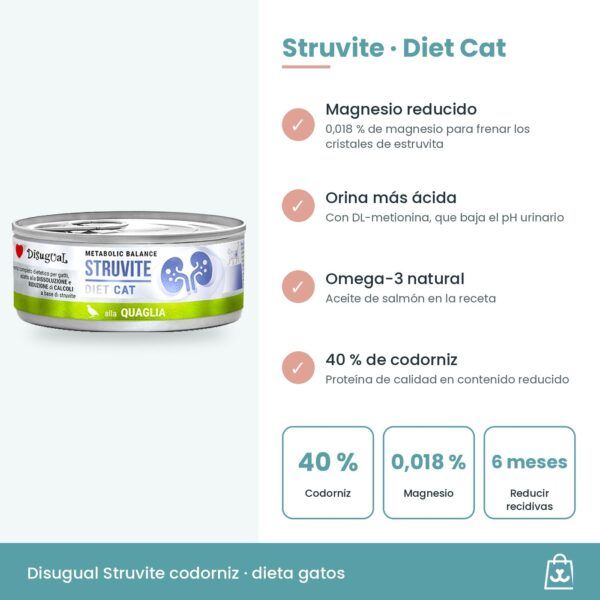 Infografía de Disugual Struvite de codorniz: 40 % de codorniz, magnesio reducido y orina acidificada