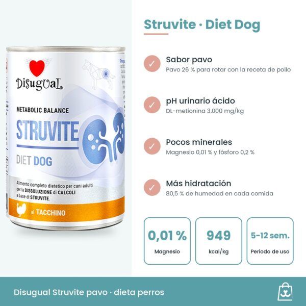 Infografía del paté Struvite de pavo: DL-metionina, magnesio 0,01 %, omega-3 y uso de 5 a 12 semanas