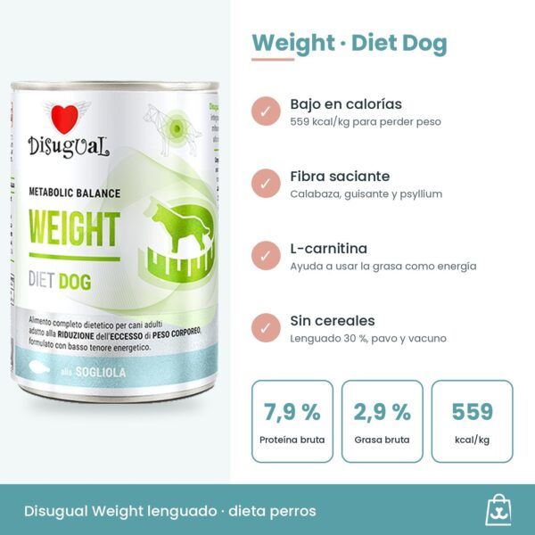 Infografía Disugual Latas Weight de Lenguado para Perros: beneficios y datos clave
