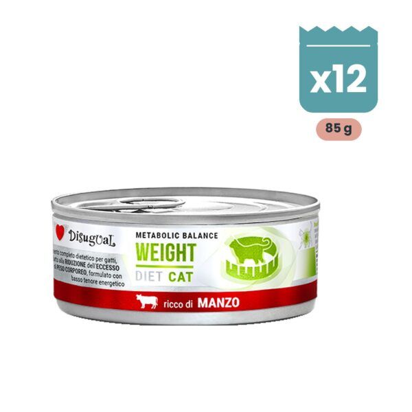 Lata de Disugual Weight de ternera, control de peso para gatos, pack de 12 latas de 85 g en paté