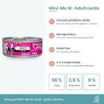 Infografía de Mini-Me M cerdo: beneficios, 7,7 % de proteína bruta y ración diaria