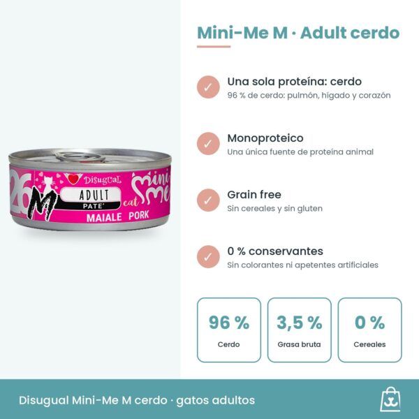 Infografía de Mini-Me M cerdo: beneficios, 7,7 % de proteína bruta y ración diaria