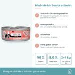 Infografía de Mini-Me M salmón: beneficios, 7,7 % de proteína bruta y ración diaria