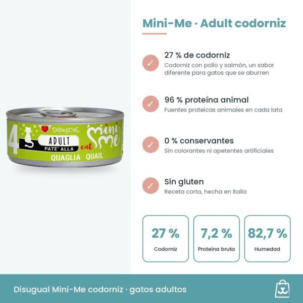 Infografía de Mini-Me Adult codorniz: beneficios, 7,2 % de proteína bruta y ración diaria