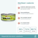 Infografía de Mini-Me Sterilized codorniz: beneficios, 7,2 % de proteína bruta y ración diaria