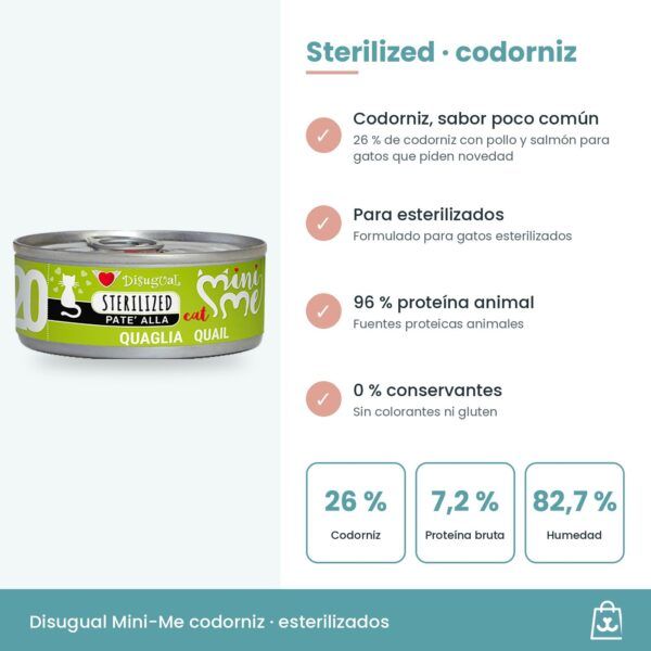 Infografía de Mini-Me Sterilized codorniz: beneficios, 7,2 % de proteína bruta y ración diaria