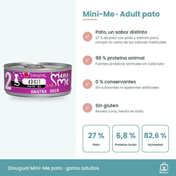 Infografía de Mini-Me Adult pato: beneficios, 6,8 % de proteína bruta y ración diaria