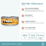Infografía de Mini-Me Kitten pavo: beneficios, 7,2 % de proteína bruta y ración diaria