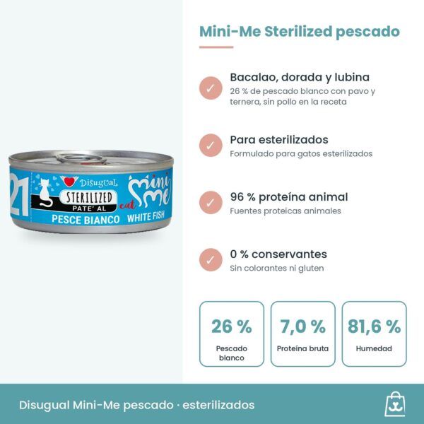 Infografía de Mini-Me Sterilized pescado blanco: beneficios, 7,0 % de proteína bruta y ración diaria