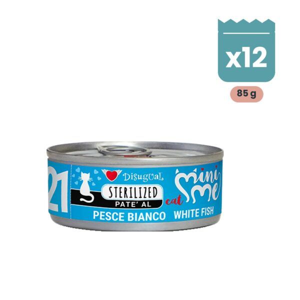 Pack de 12 latas de 85 g de Disugual Mini-Me paté de pescado blanco para gatos esterilizados