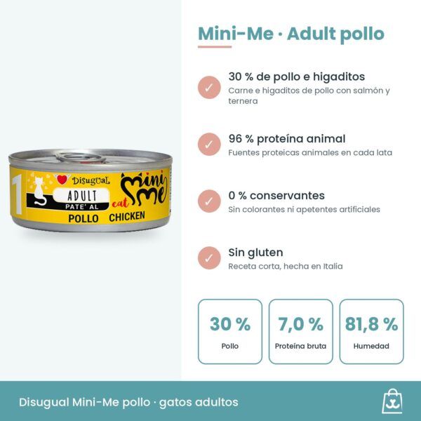 Infografía de Mini-Me Adult pollo: beneficios, 7,0 % de proteína bruta y ración diaria