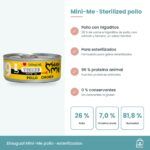 Infografía de Mini-Me Sterilized pollo: beneficios, 7,0 % de proteína bruta y ración diaria