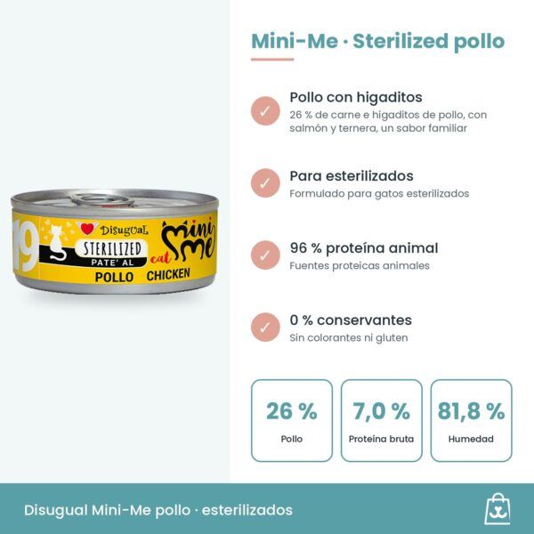Infografía de Mini-Me Sterilized pollo: beneficios, 7,0 % de proteína bruta y ración diaria