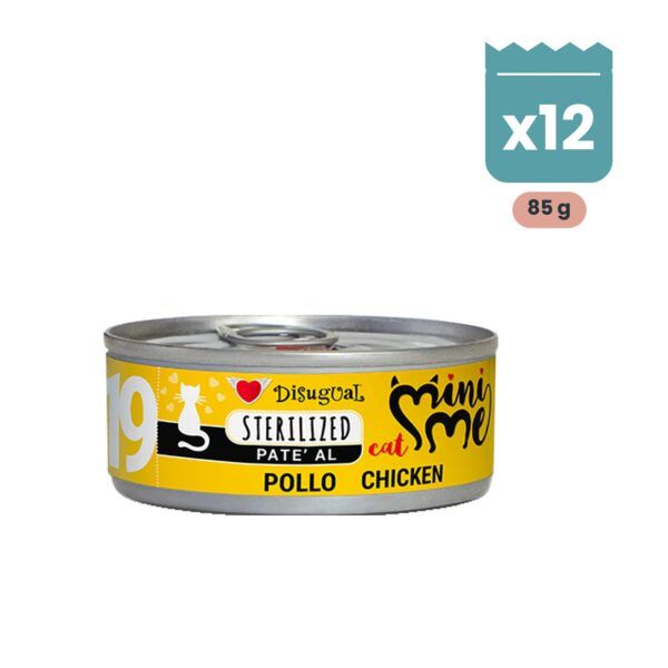 Pack de 12 latas de 85 g de Disugual Mini-Me paté de pollo para gatos esterilizados