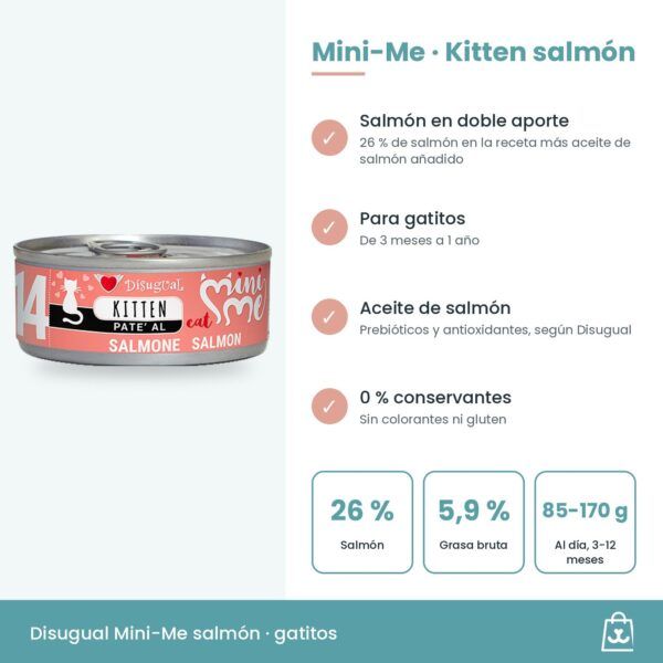 Infografía de Mini-Me Kitten salmón: beneficios, 6,9 % de proteína bruta y ración diaria